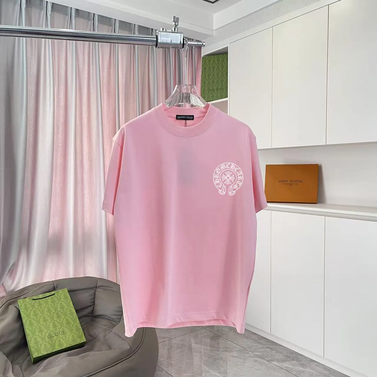 🅿️170 ch Cro* 2025 summer new style Sanskrit cross horseshoe print short-sleeved T-shirt customized fabric 300g same style for men and women Size: S M L XL XXL five sizes Color: black white pink iron gray